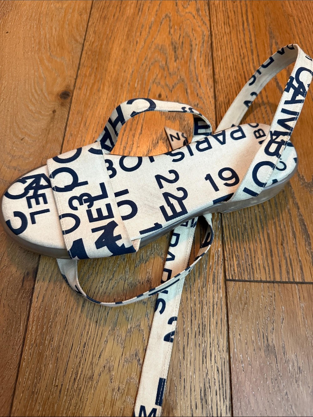 CHANEL Navy Graphic Wrap Sandal on Cream Canvas - Picture 2 of 3